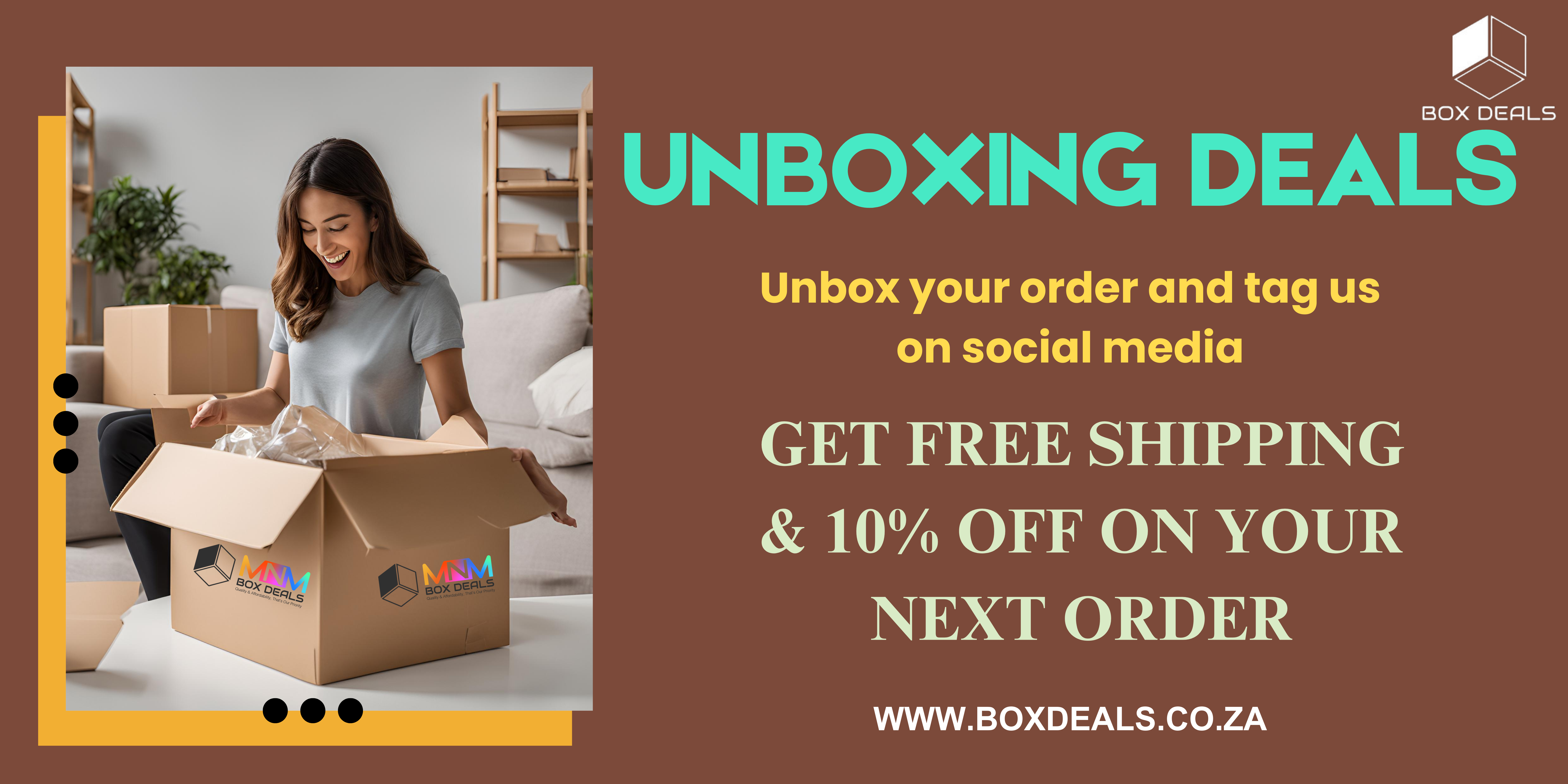 ?? UNBOXING DEALS! ?? Unbox your order and share the excitement with us on social media! Tag us for a chance to showcase your fabulous finds!  ? Special Offer: Enjoy FREE SHIPPING and 10% OFF your next order when you tag us!  Ready to share the love? Visit us at www.boxdeals.co.za and start unboxing today!  Happy shopping! ??